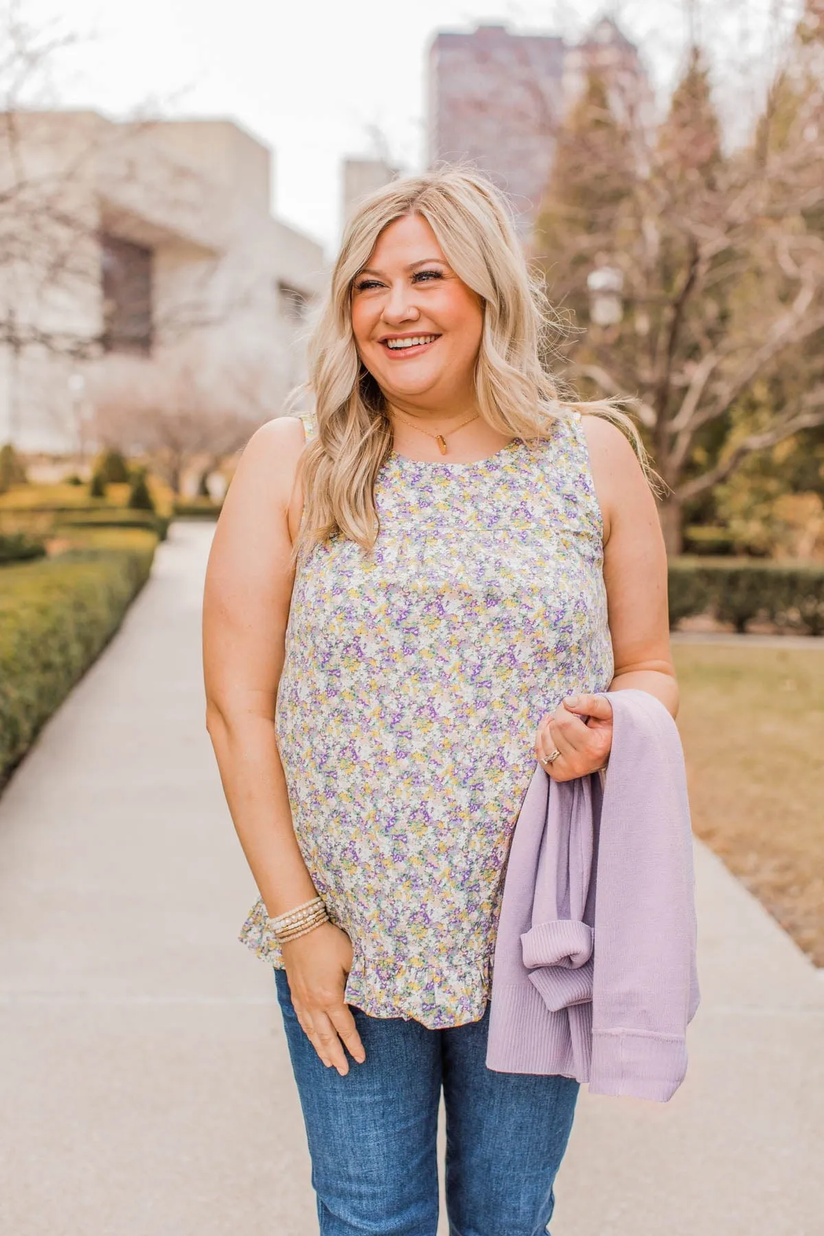 Floral Sleeveless Blouse in Lavender and Yellow