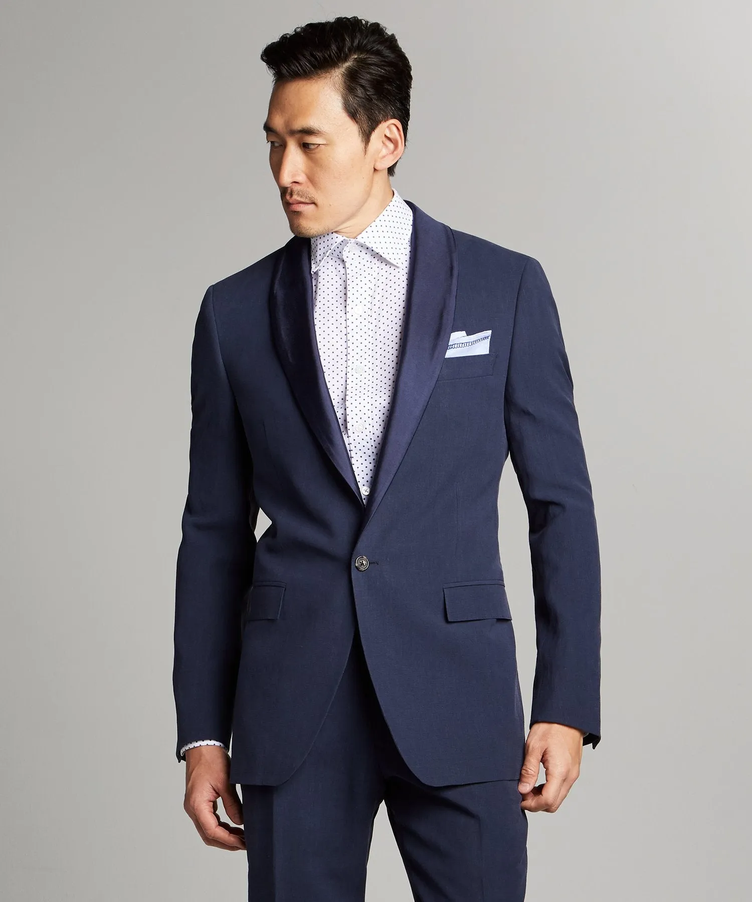 Navy Italian Linen Tuxedo Jacket with Shawl Collar by Sutton