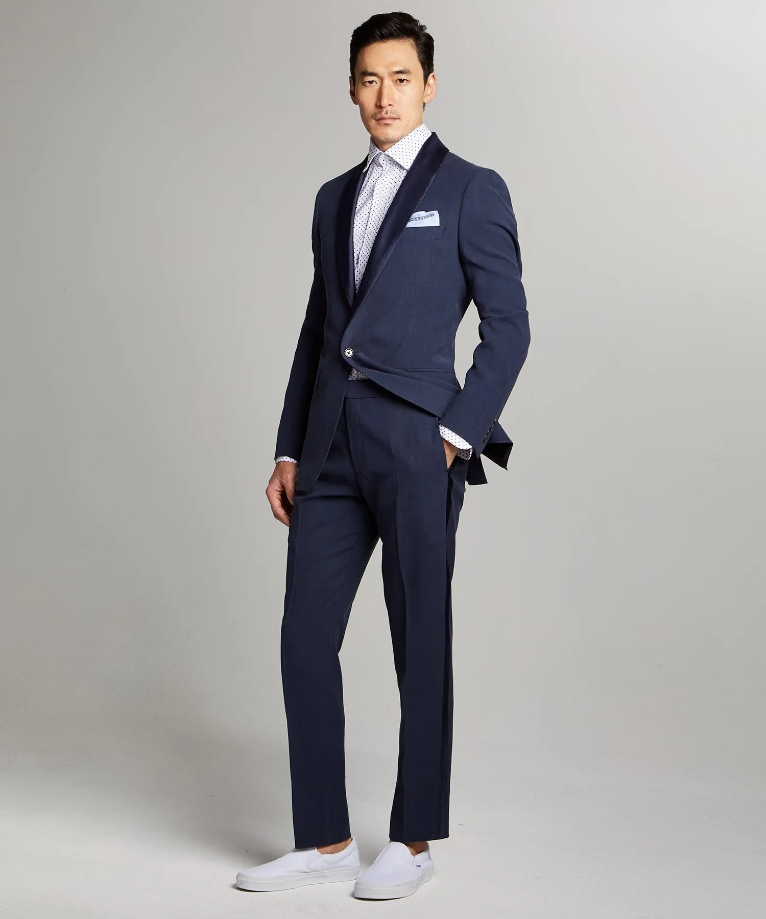 Navy Italian Linen Tuxedo Jacket with Shawl Collar by Sutton