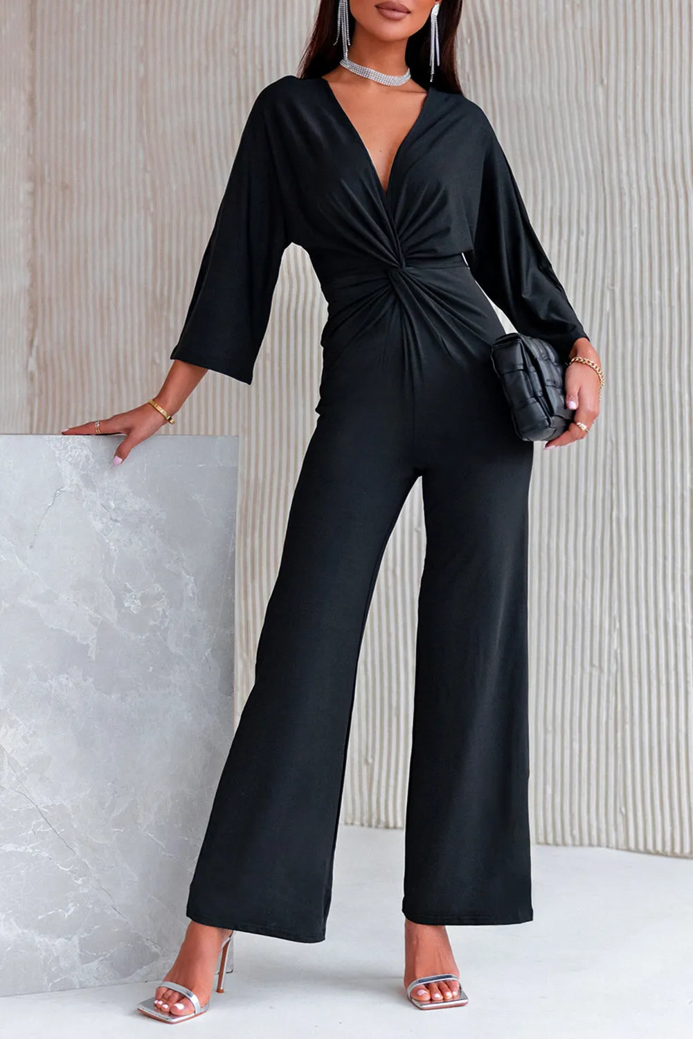 Three-Quarter Sleeve Jumpsuit with Plunging Neckline