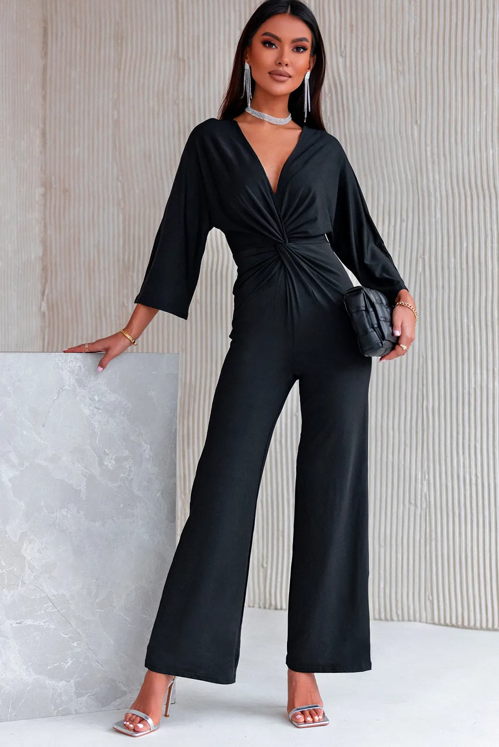 Three-Quarter Sleeve Jumpsuit with Plunging Neckline