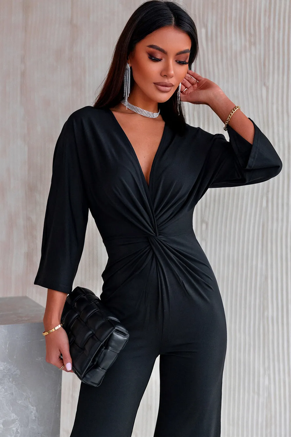 Three-Quarter Sleeve Jumpsuit with Plunging Neckline