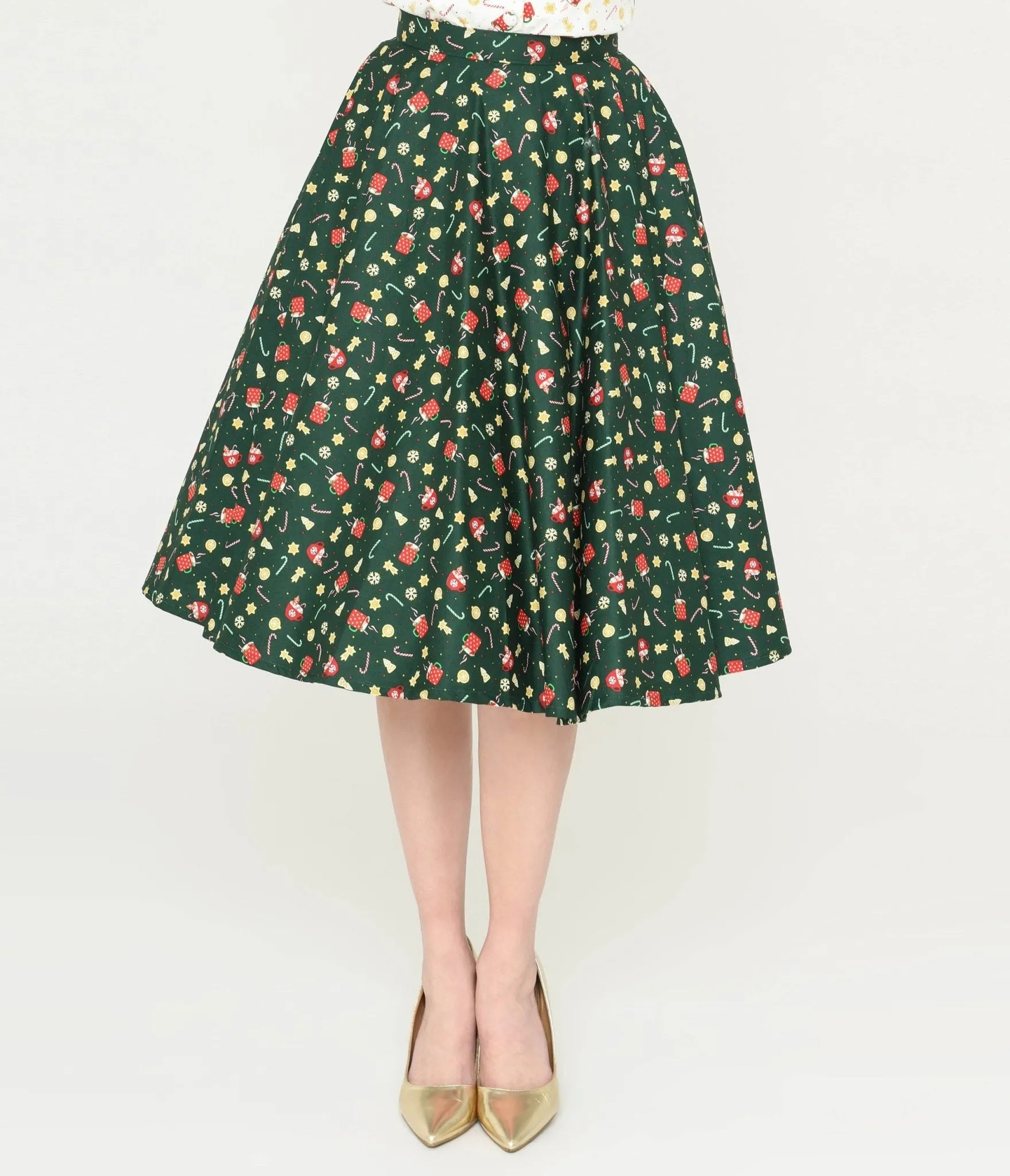 Green Holiday Print Sally Swing Skirt by Magnolia Place