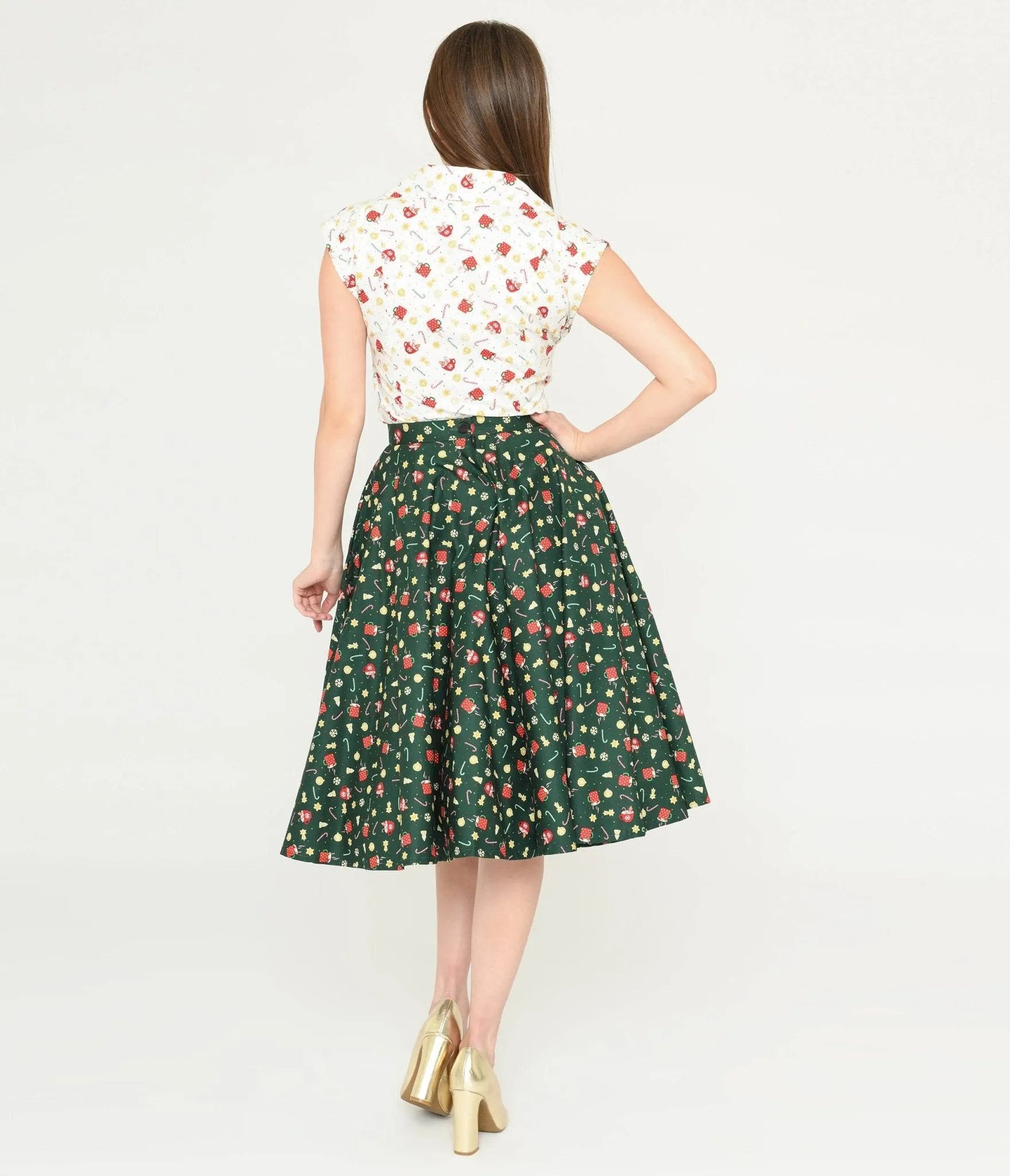 Green Holiday Print Sally Swing Skirt by Magnolia Place