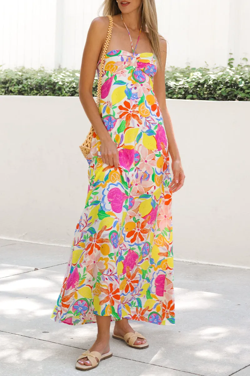 Elegant Backless Halter Printed Dresses with Fruit Print