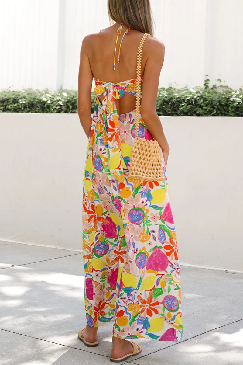 Elegant Backless Halter Printed Dresses with Fruit Print