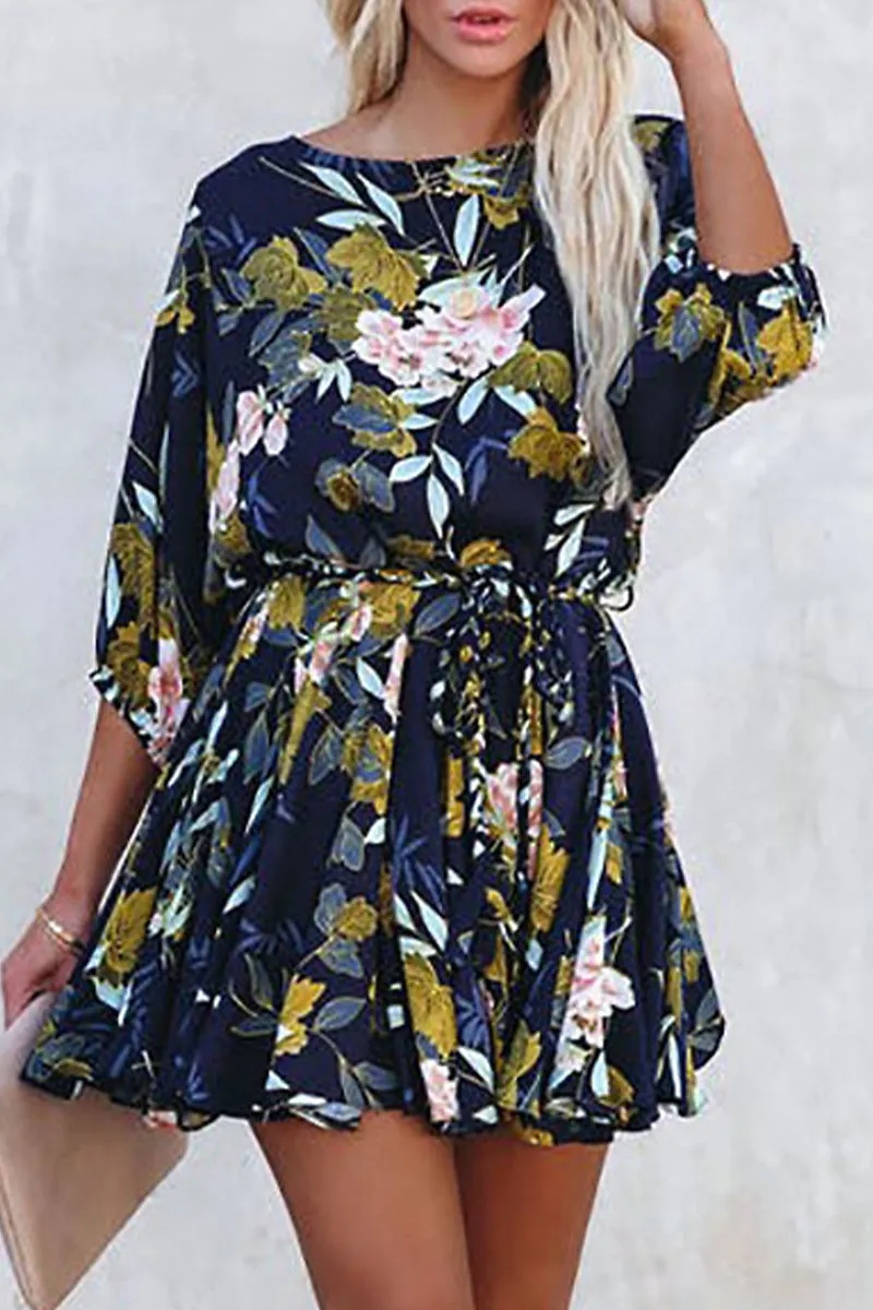 Vintage A Line Dresses Bandage Elegant Floral O Neck Frenulum