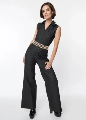 Unique Vintage Black Smak Parlor Washed Denim Collared Jumpsuit