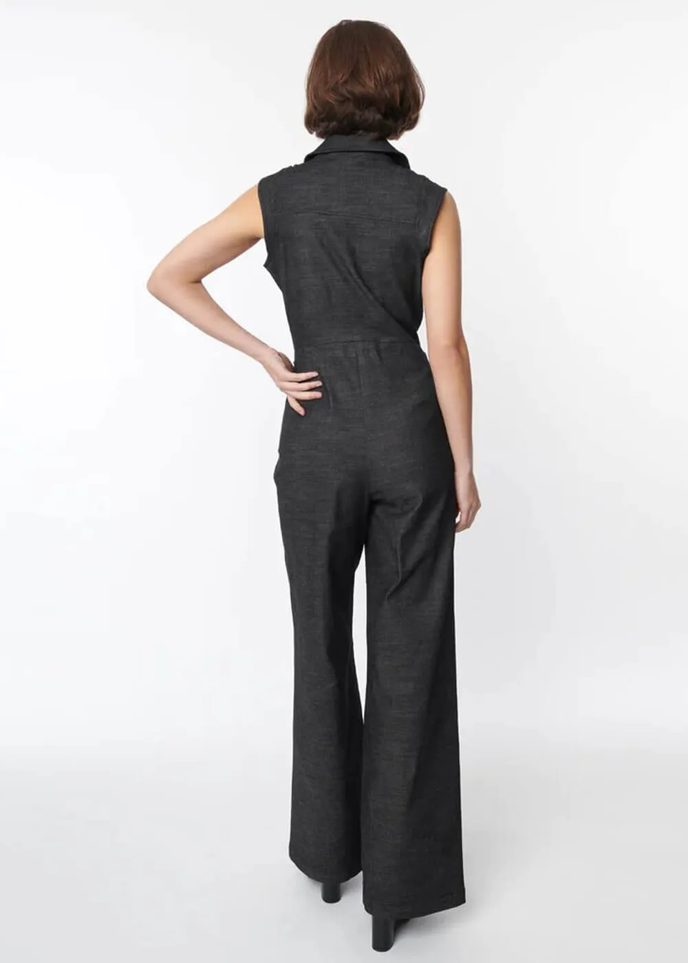 Unique Vintage Black Smak Parlor Washed Denim Collared Jumpsuit