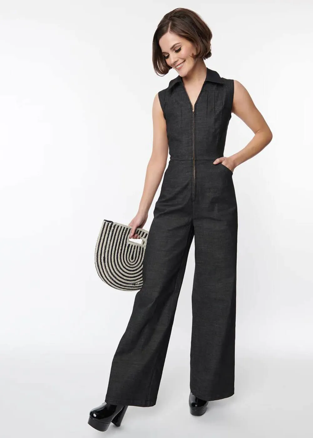 Unique Vintage Black Smak Parlor Washed Denim Collared Jumpsuit