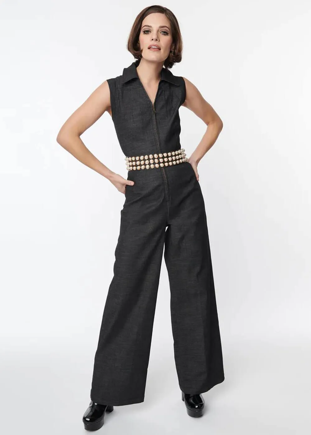 Unique Vintage Black Smak Parlor Washed Denim Collared Jumpsuit