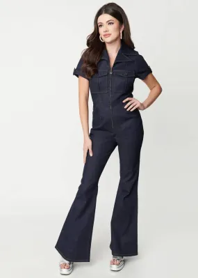 Unique Vintage Indigo 70's Worker Denim Flare Jumpsuit