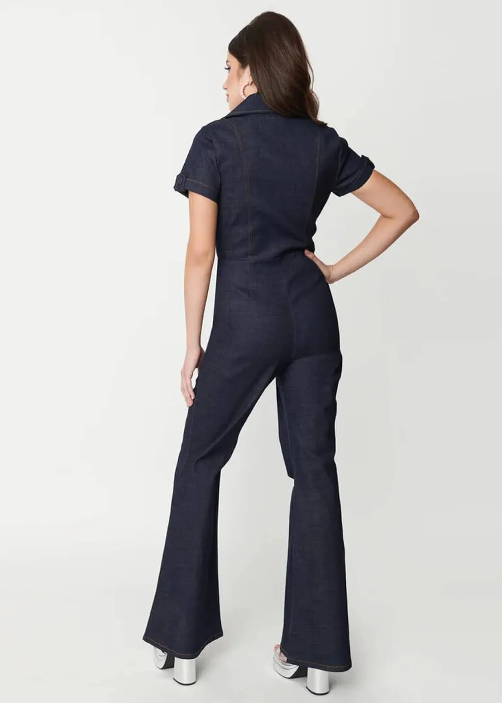 Unique Vintage Indigo 70's Worker Denim Flare Jumpsuit