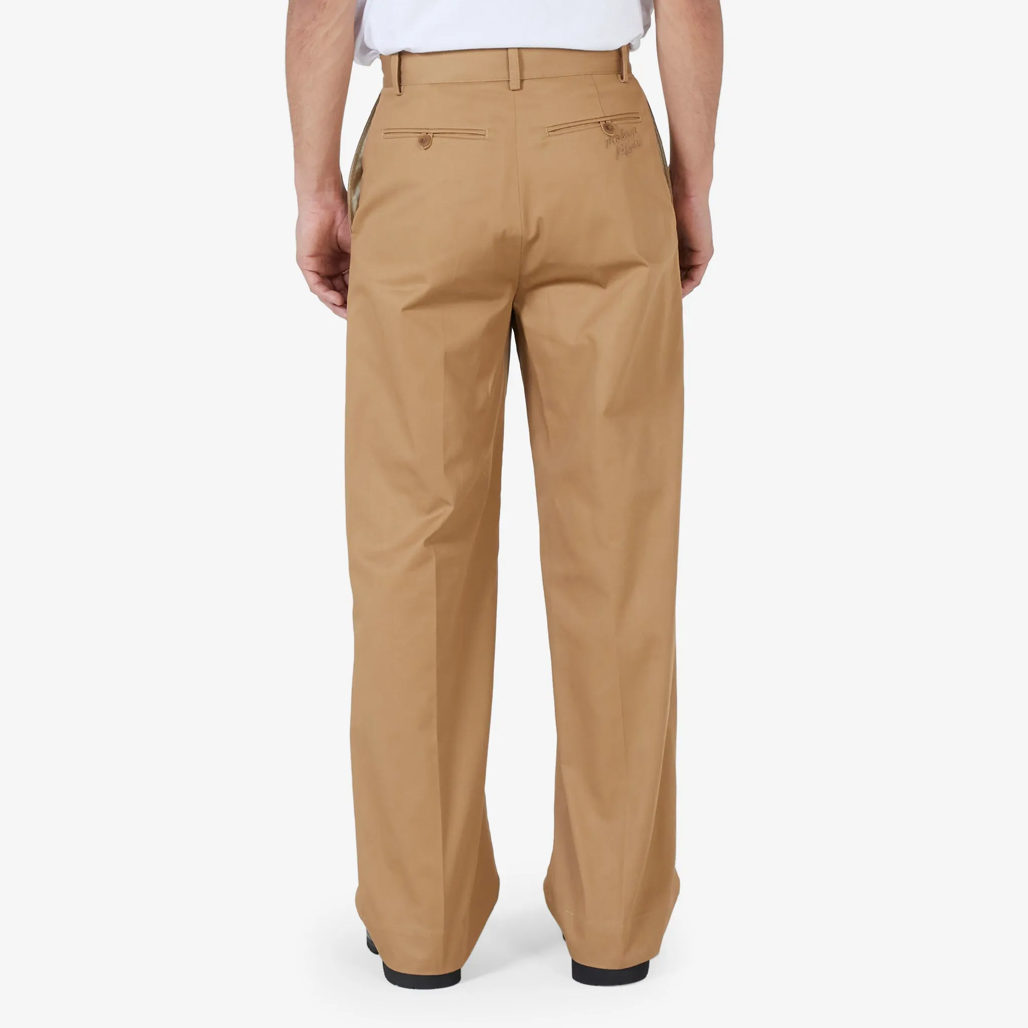 Wide Leg Chino Pant in Cotton Gabardine with Logo in Beige