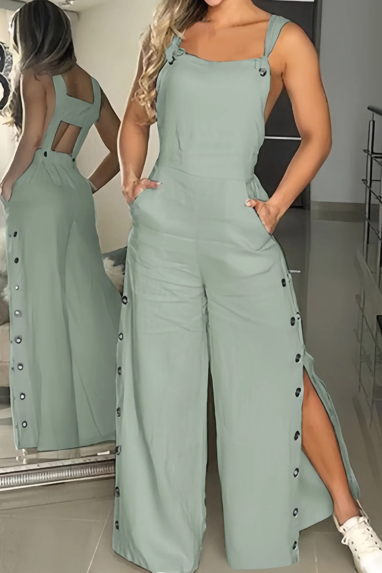 Wide Leg Jumpsuits with Cutout Buttons and Slits