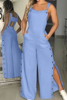 Wide Leg Jumpsuits with Cutout Buttons and Slits