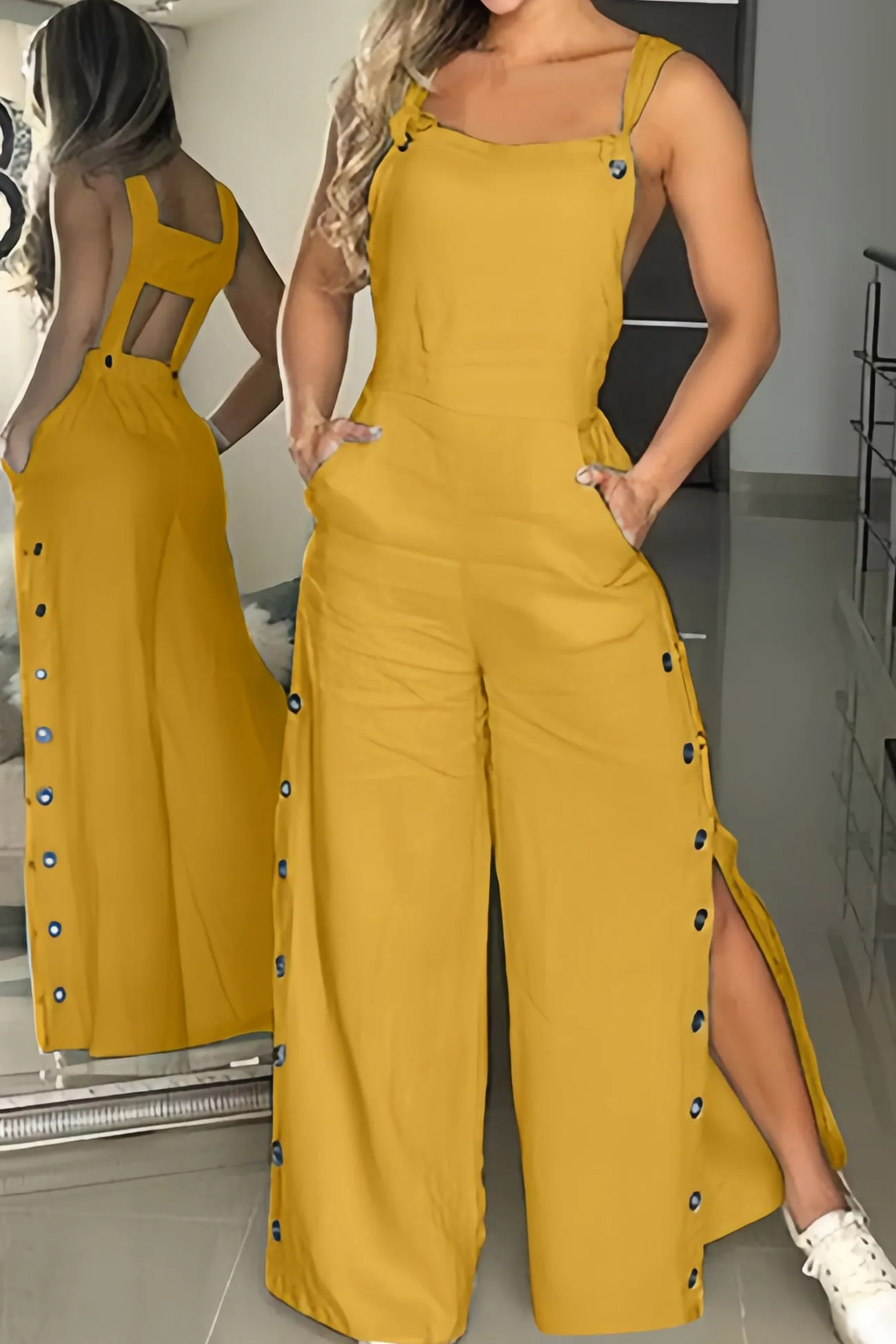 Wide Leg Jumpsuits with Cutout Buttons and Slits