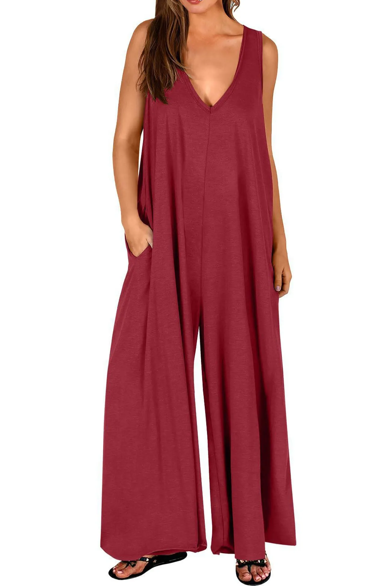 Wide Leg Jumpsuits with V Neck and Pockets