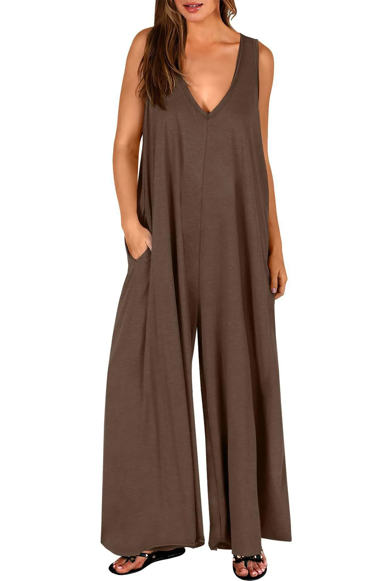 Wide Leg Jumpsuits with V Neck and Pockets