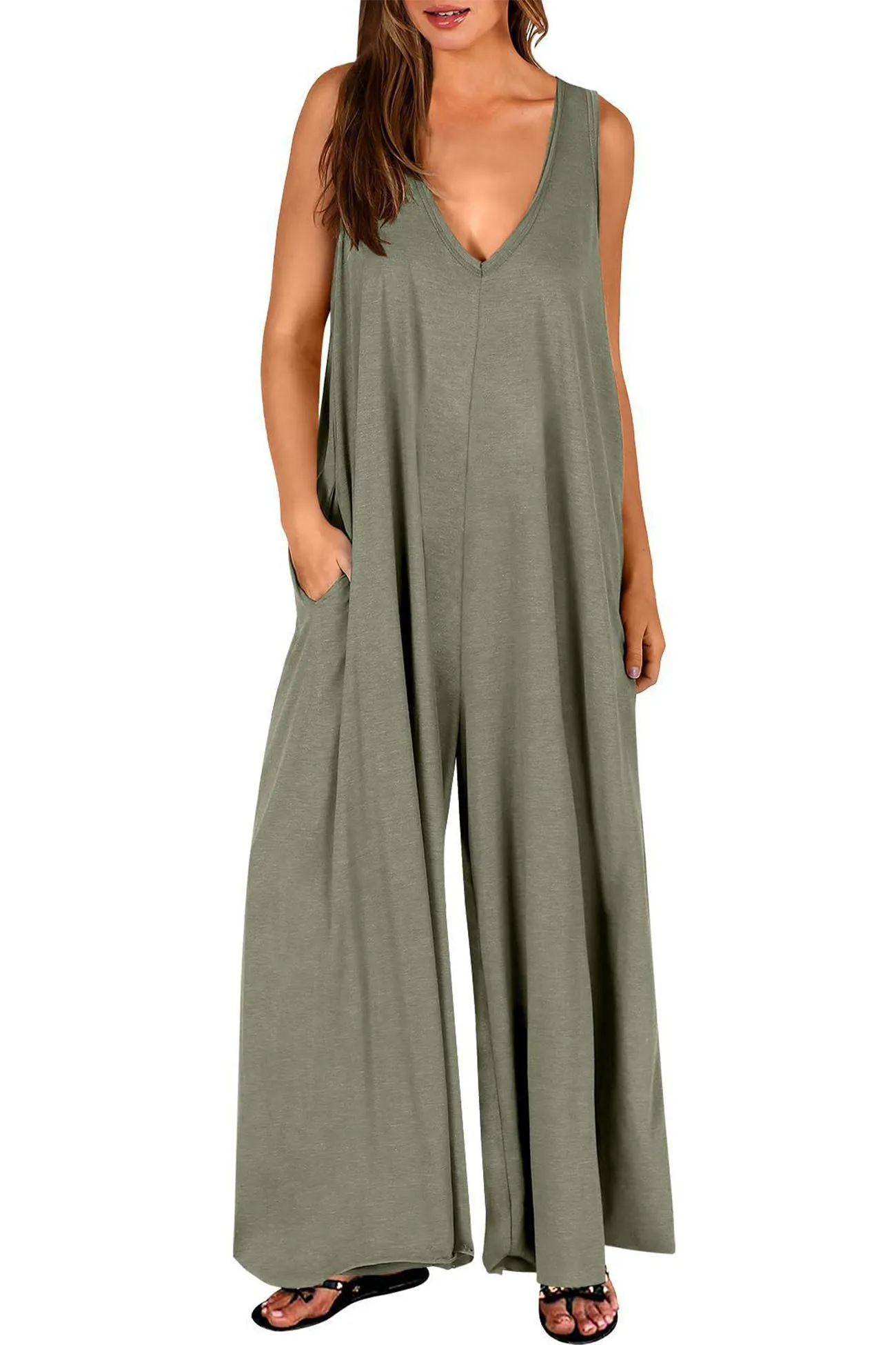 Wide Leg Jumpsuits with V Neck and Pockets