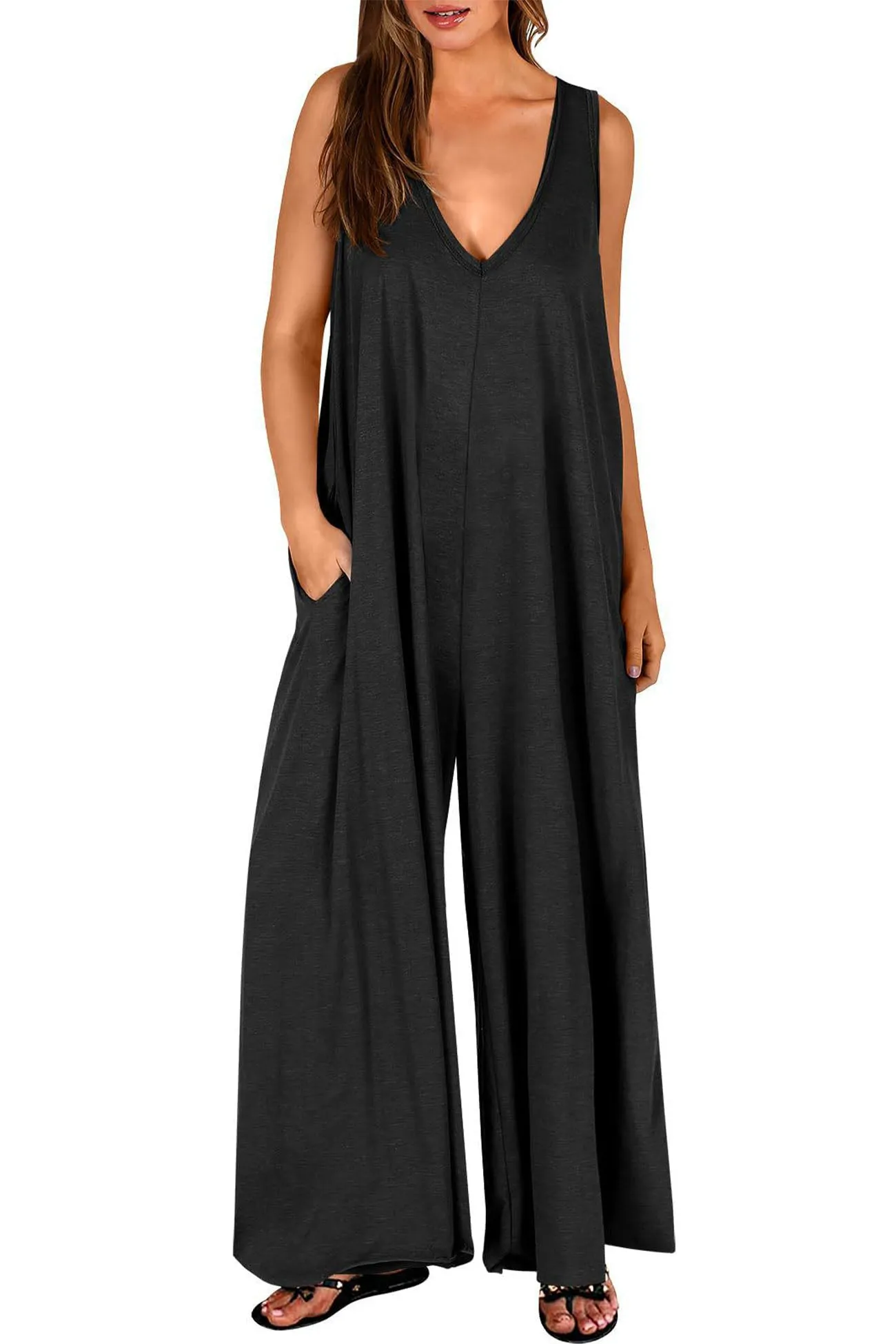 Wide Leg Jumpsuits with V Neck and Pockets