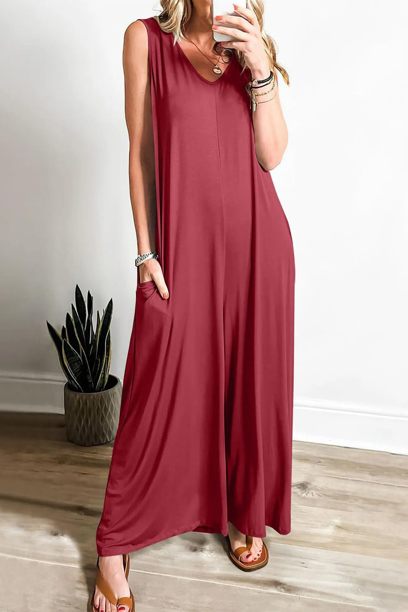 Wide Leg Jumpsuits with V Neck and Pockets