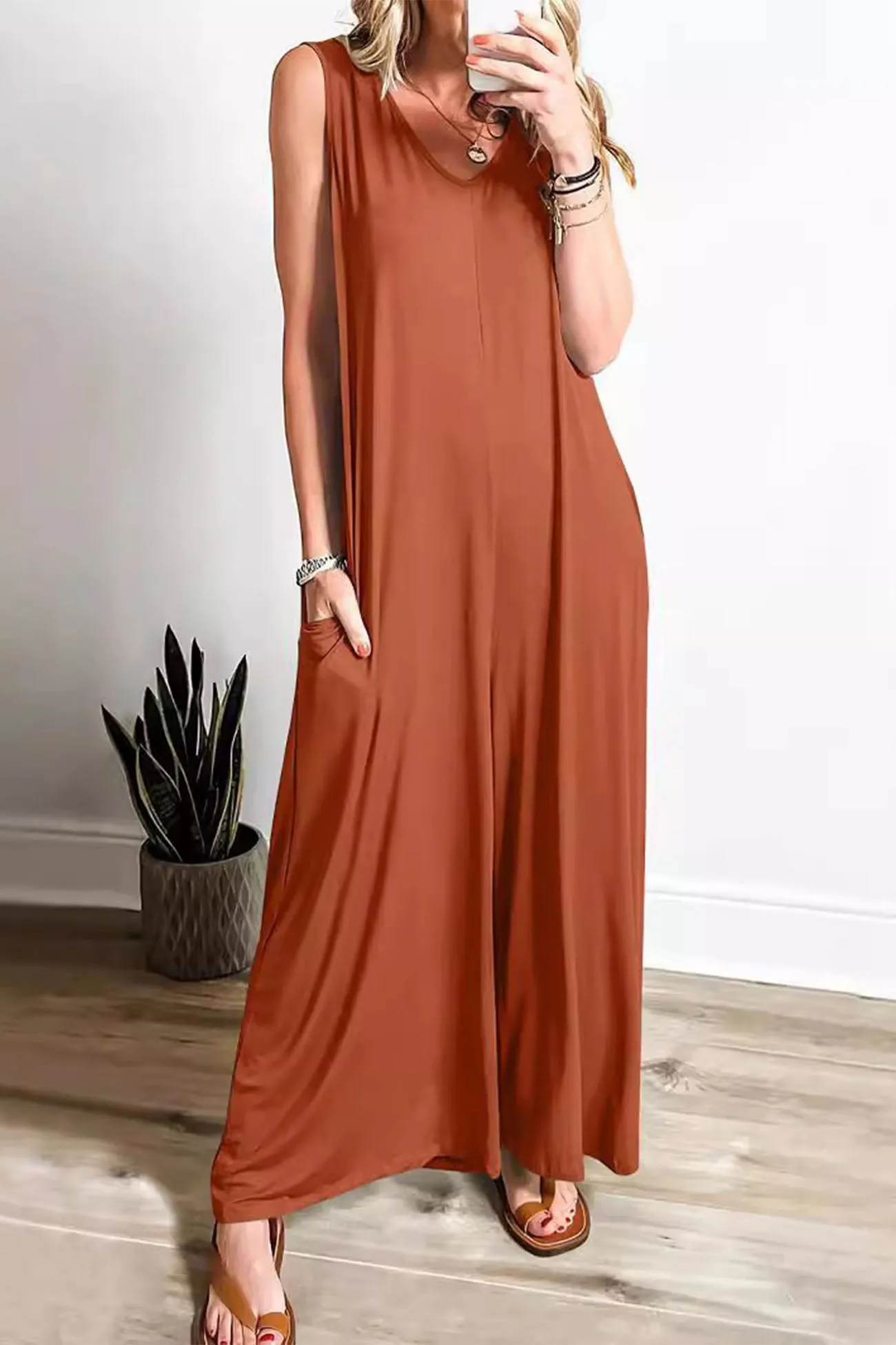 Wide Leg Jumpsuits with V Neck and Pockets