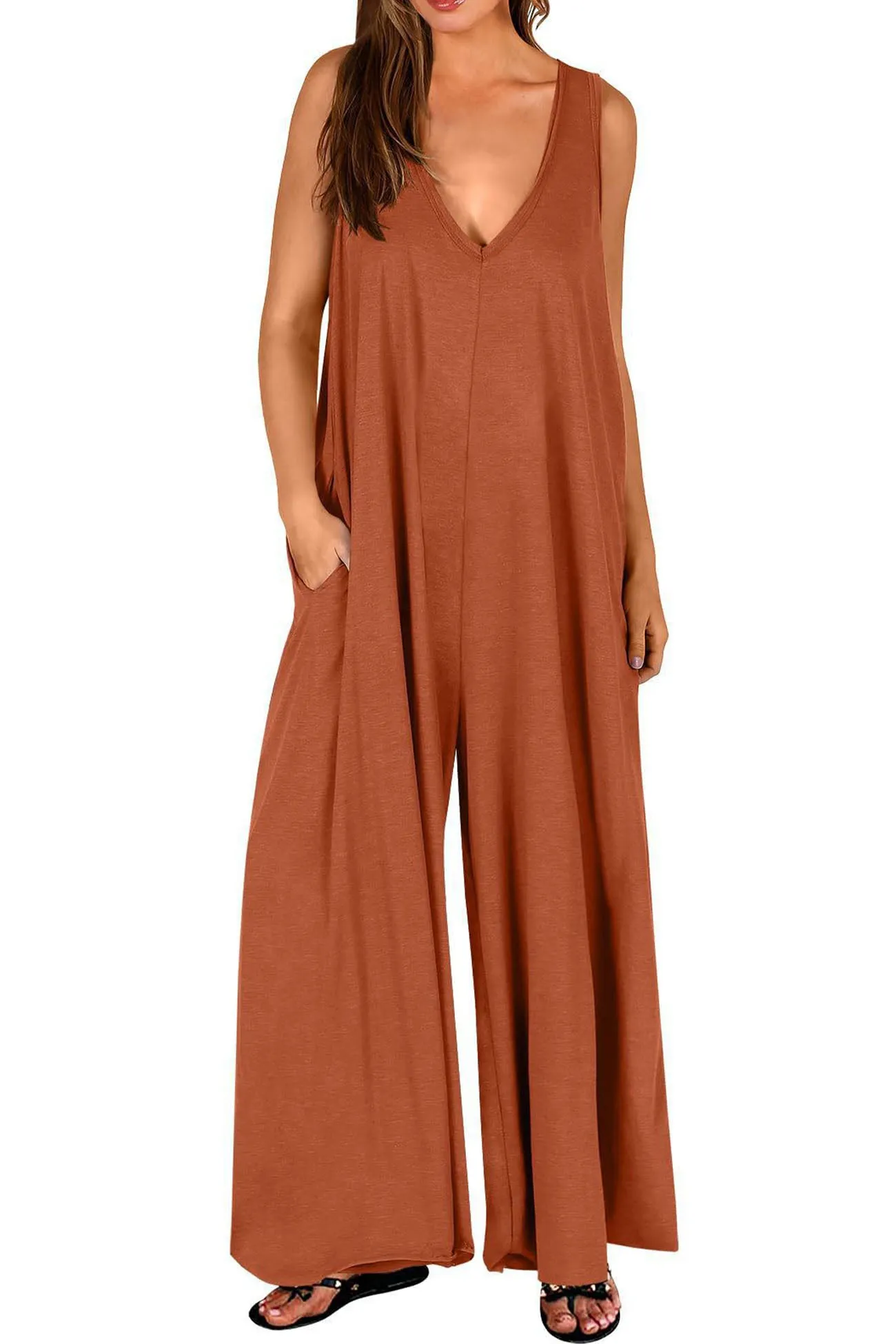 Wide Leg Jumpsuits with V Neck and Pockets