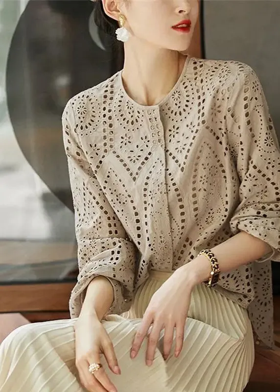 Womens Cotton Blouse Long Sleeve Hollow Out Khaki