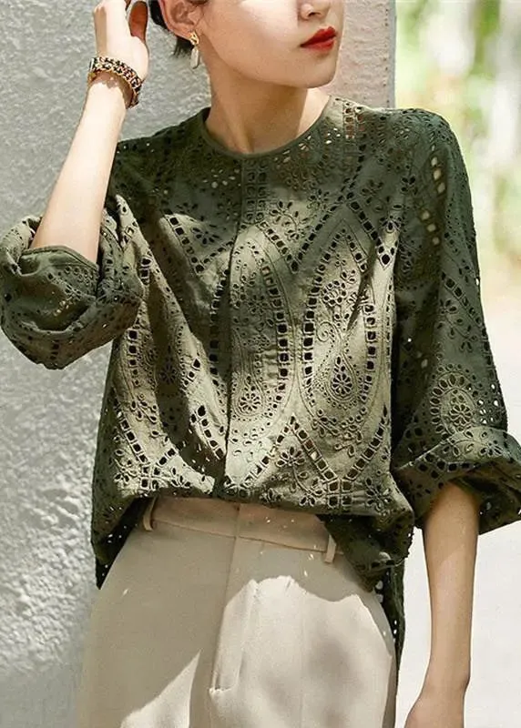 Womens Cotton Blouse Long Sleeve Hollow Out Khaki