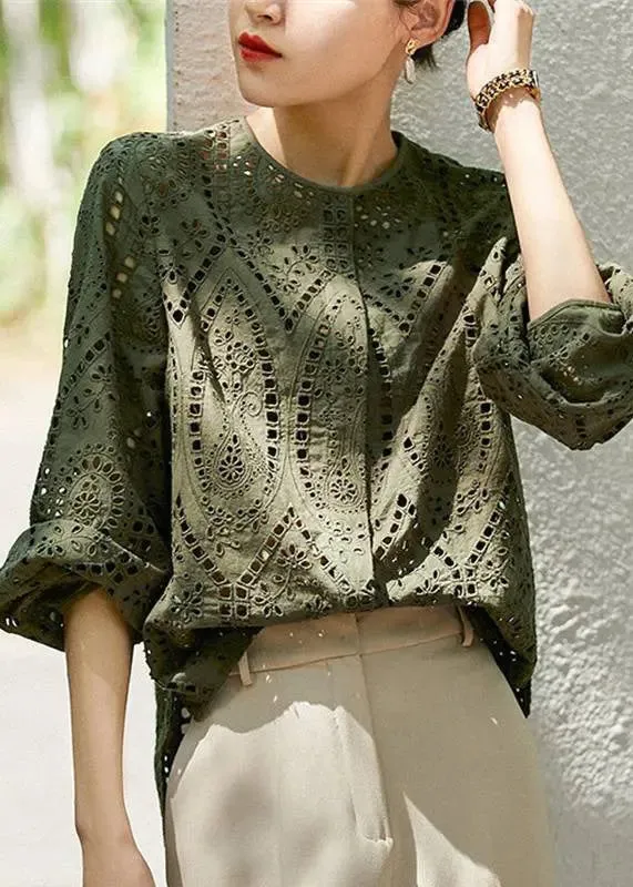 Womens Cotton Blouse Long Sleeve Hollow Out Khaki