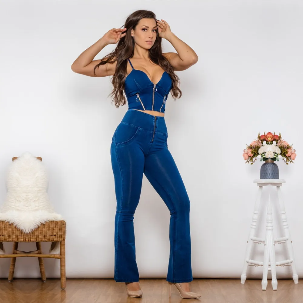 Women's High Waist Dark Blue Zipper Flare Jeans Top 2pc Shaper Set