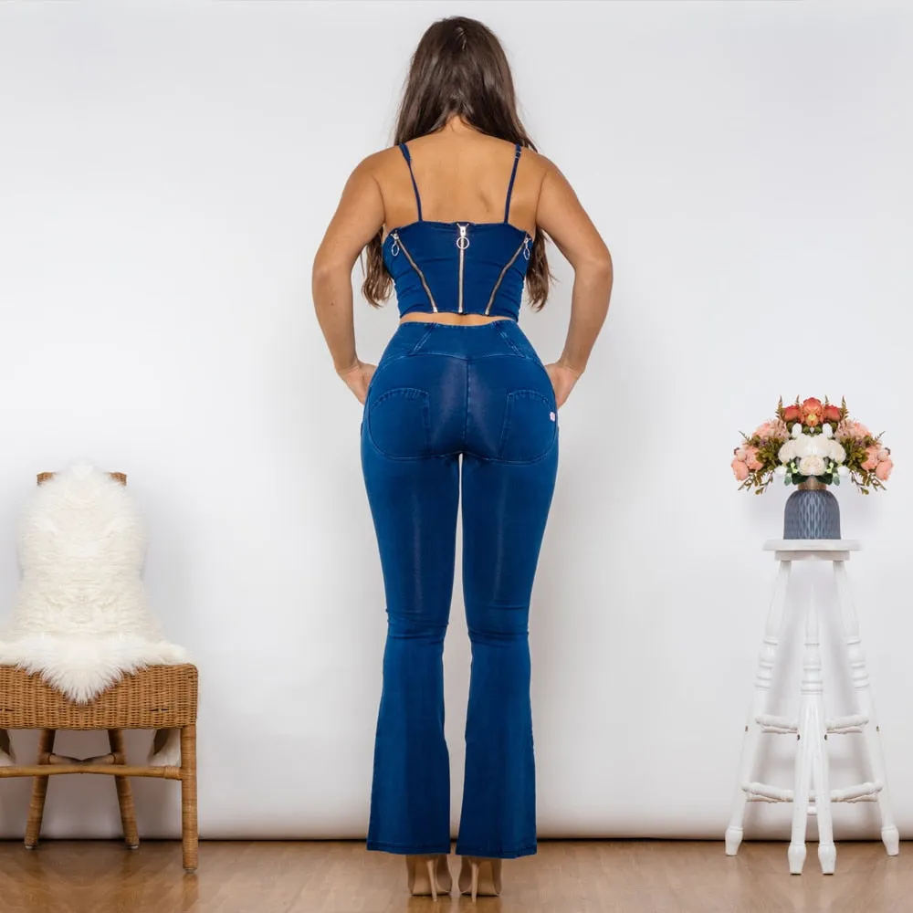 Women's High Waist Dark Blue Zipper Flare Jeans Top 2pc Shaper Set