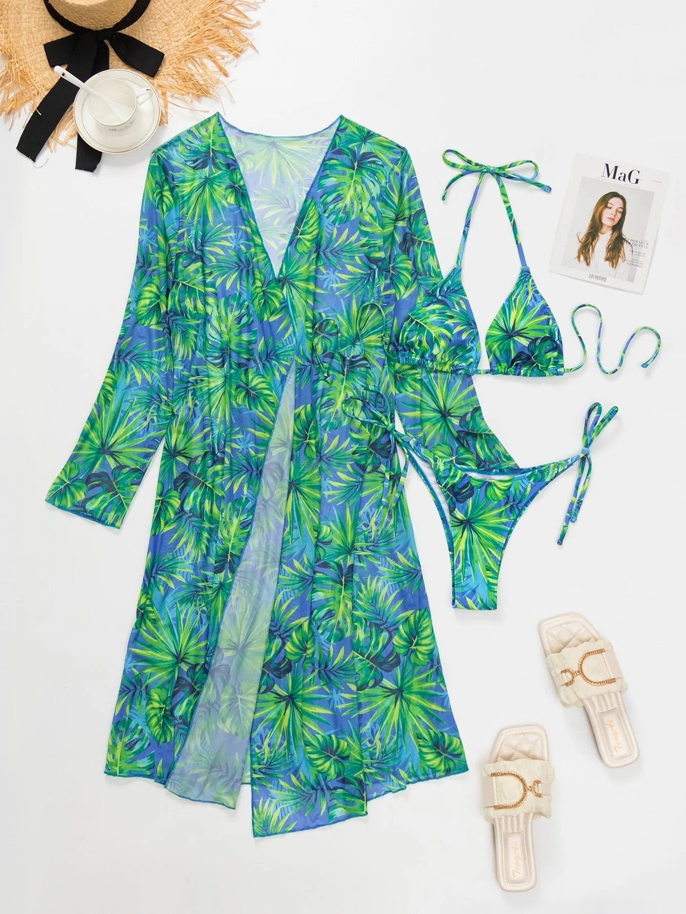 Green Leaves Print 3 Piece Swimsuit