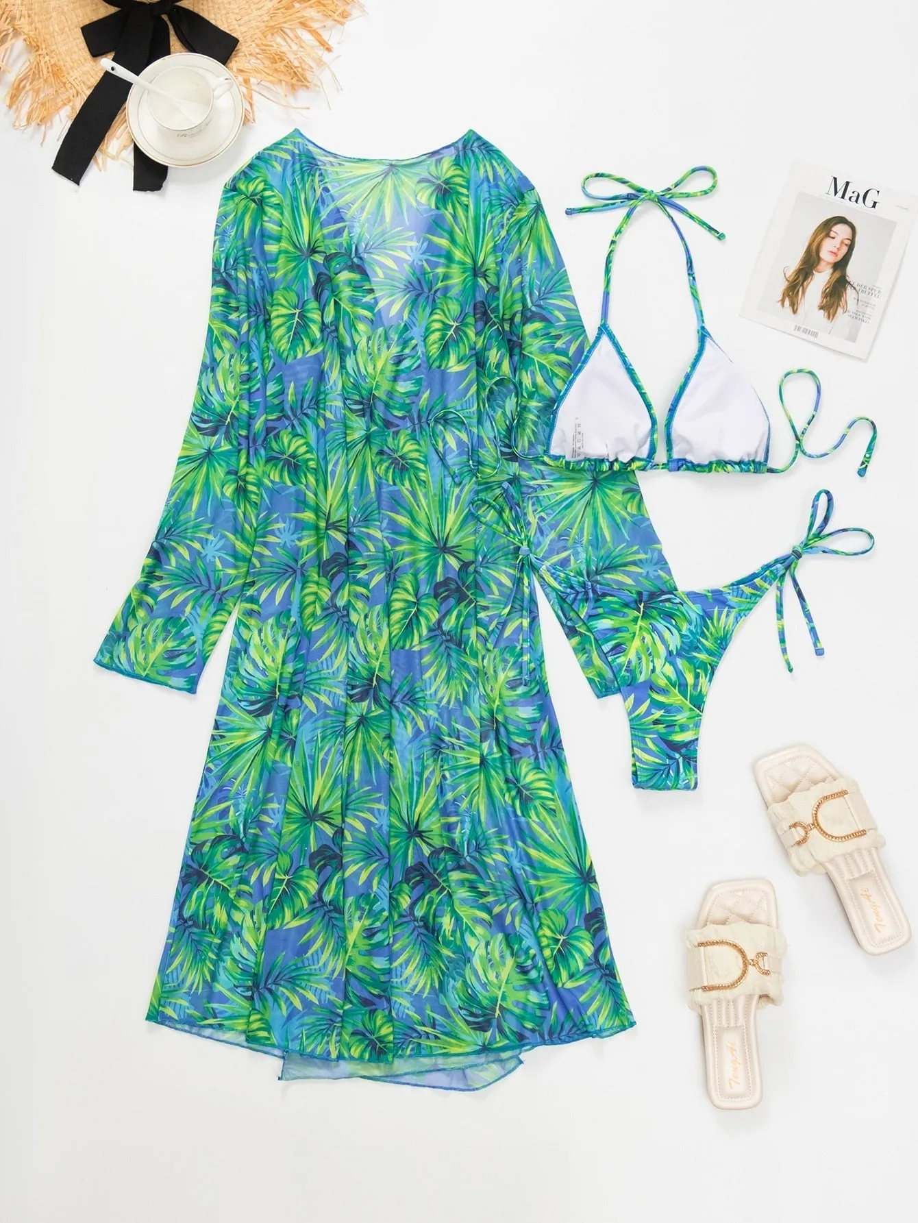 Green Leaves Print 3 Piece Swimsuit