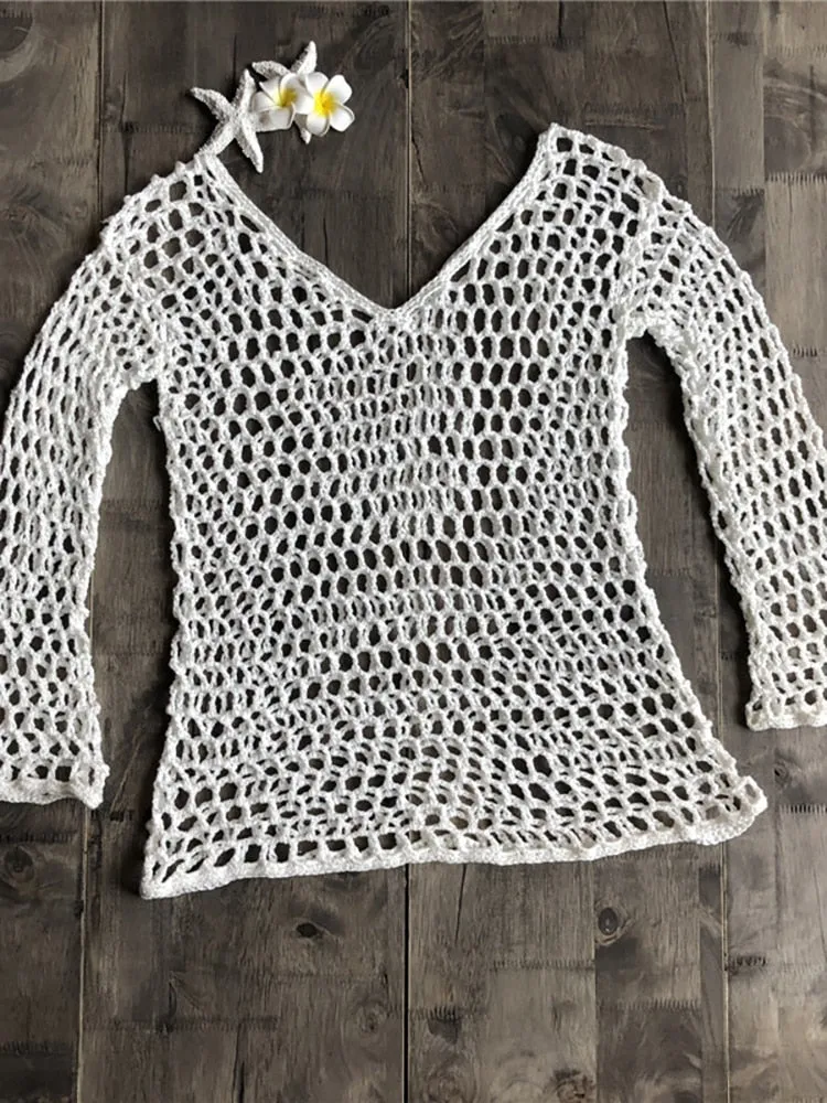 Fishnet Crochet Bikini Cover-Up with Sexy Slash Neck