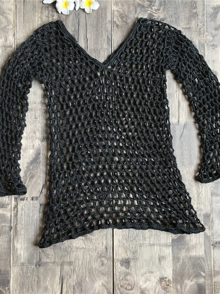 Fishnet Crochet Bikini Cover-Up with Sexy Slash Neck