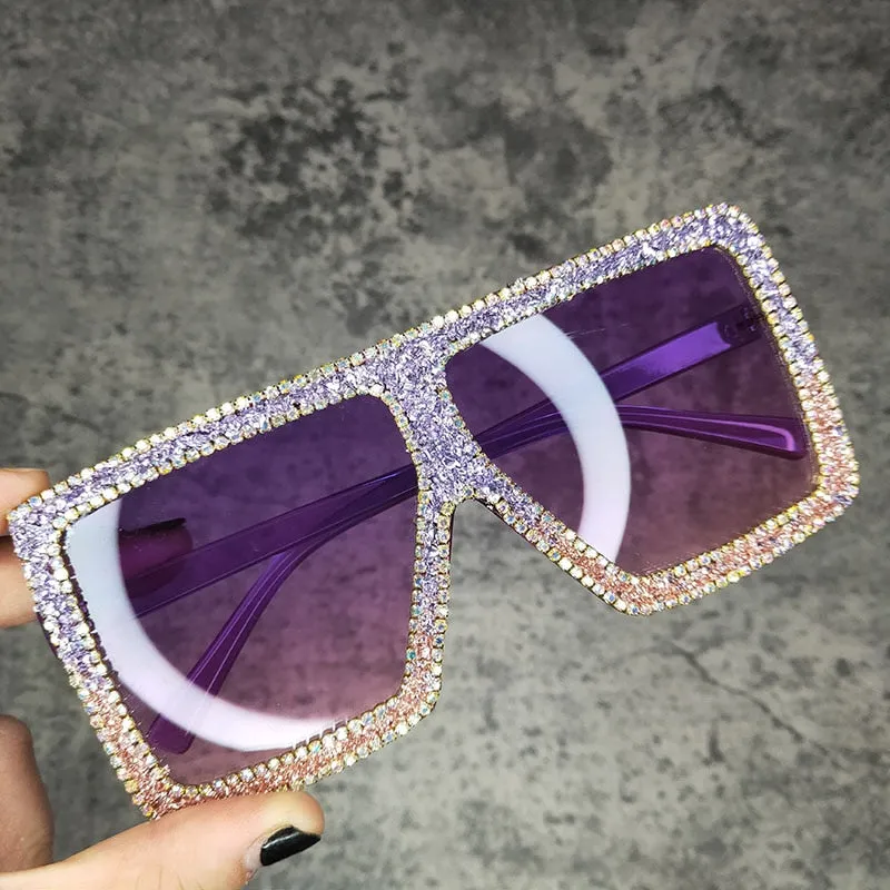 Oversized Rectangle Sunglasses with Rhinestones