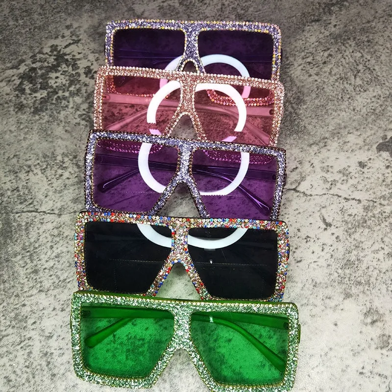 Oversized Rectangle Sunglasses with Rhinestones