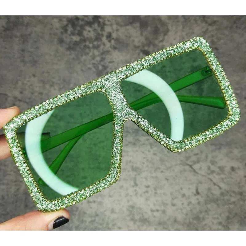 Oversized Rectangle Sunglasses with Rhinestones