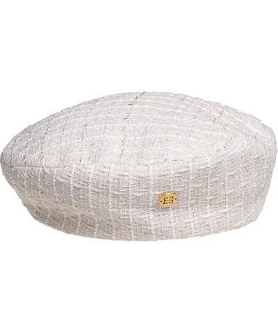 Women's White / Gold Diana French Beret Hat in White Tweed