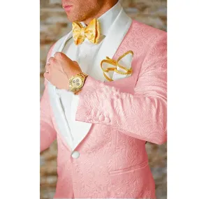 Custom Pink Jacquard Groomsmen White Shawl Lapel Wedding Suit