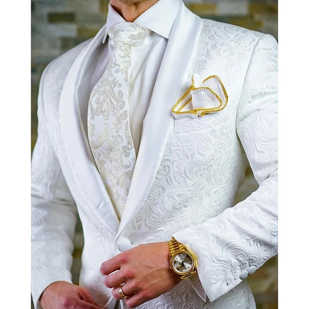 Custom Pink Jacquard Groomsmen White Shawl Lapel Wedding Suit