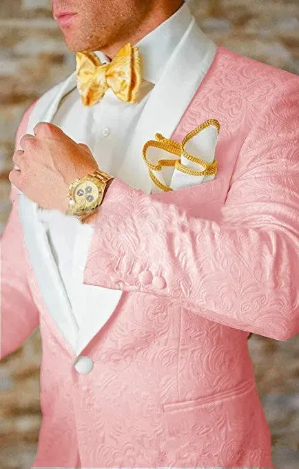 Custom Pink Jacquard Groomsmen White Shawl Lapel Wedding Suit