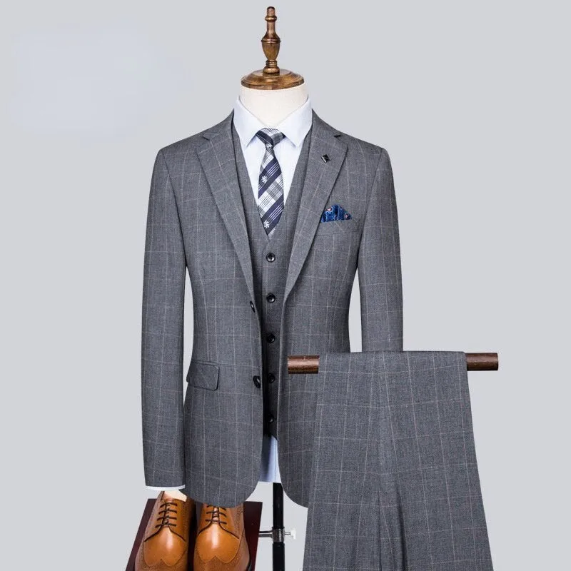 Plus Size Gray Plaid Wedding Groom Tuxedo Set with Blazers, Pants, and Vest