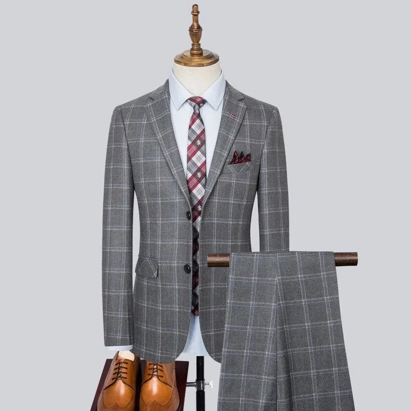 Plus Size Gray Plaid Wedding Groom Tuxedo Set with Blazers, Pants, and Vest