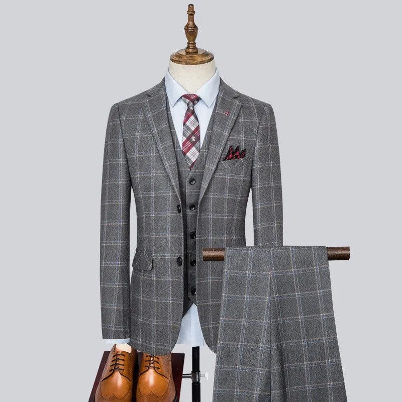 Plus Size Gray Plaid Wedding Groom Tuxedo Set with Blazers, Pants, and Vest