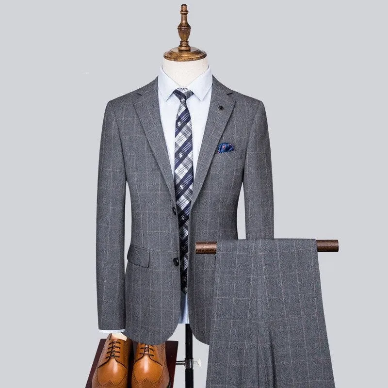 Plus Size Gray Plaid Wedding Groom Tuxedo Set with Blazers, Pants, and Vest