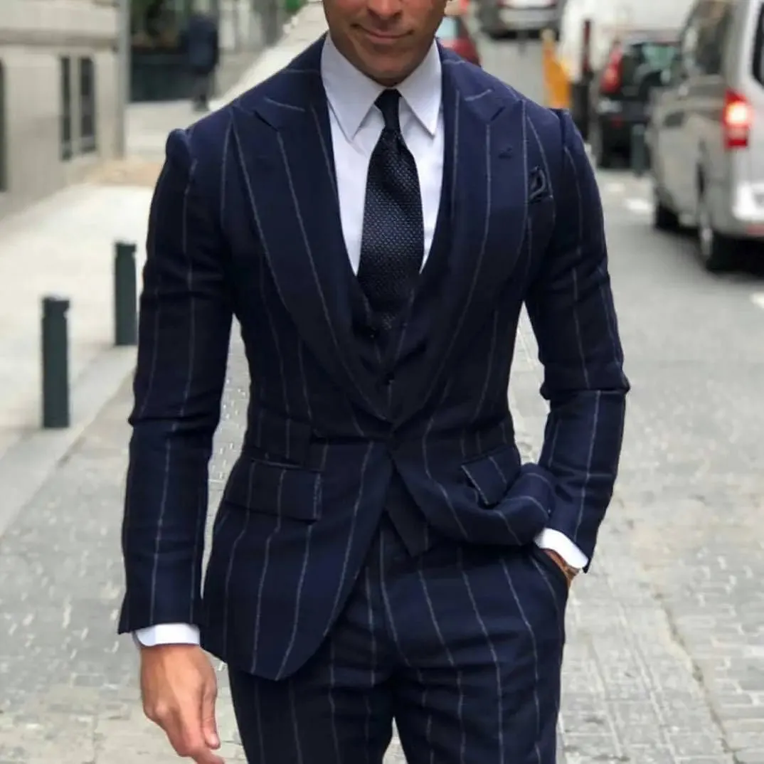 Stylish Navy Pinstripe Men's Wedding Suit by Xituodai