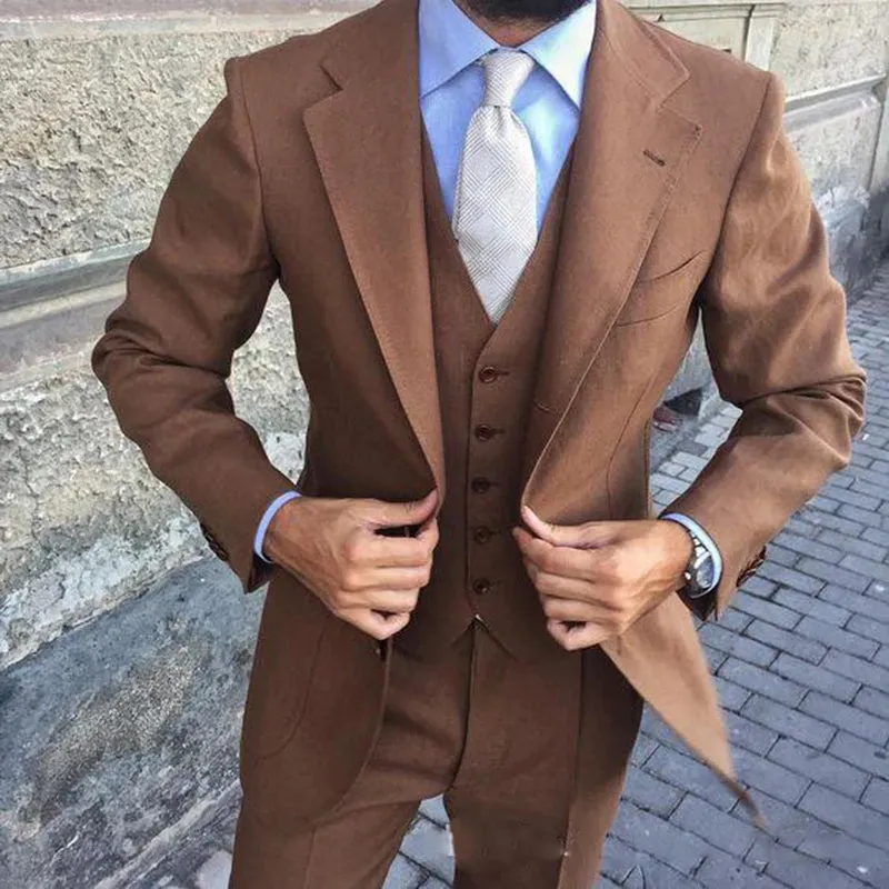 Brown Work Suit Groom Tuxedos Notch Lapel Mens Business Suits Wedding Set